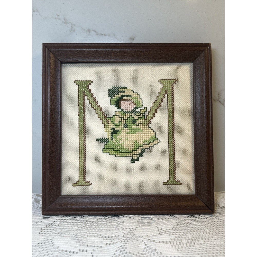 Vintage Framed Cross Stitch Initial M Girl Green Dress Kate Greenaway Style